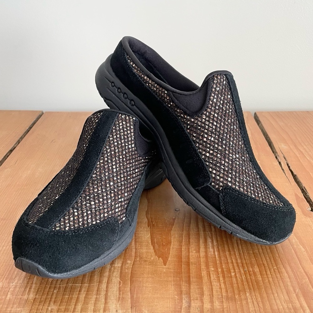 Easy Spirit Traveltime Black Suede & Bronze Sparkle Slip On Shoes Size 7.5 Wide